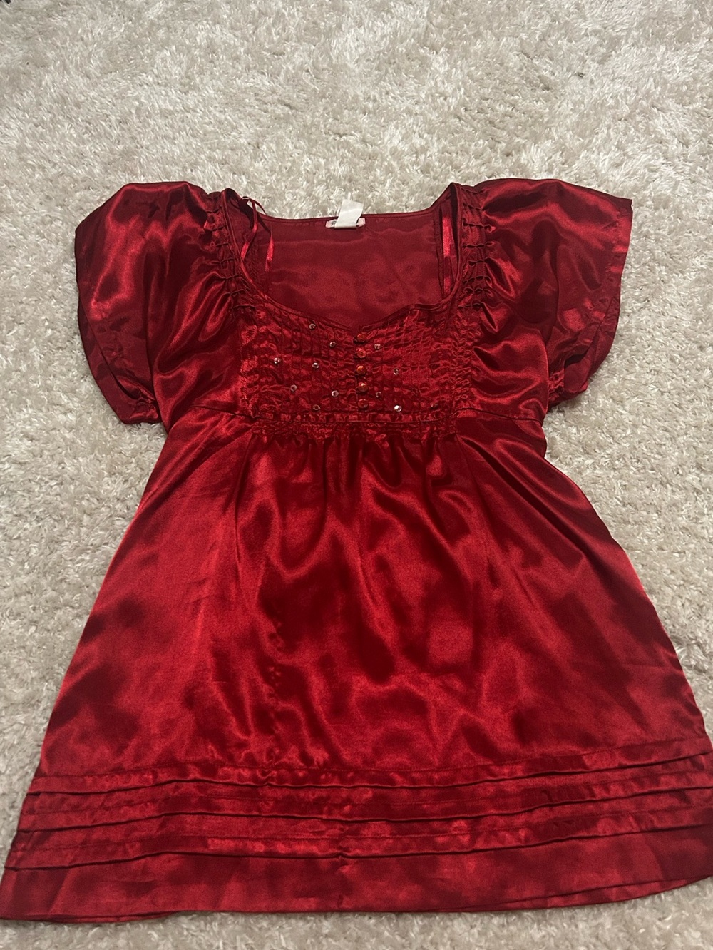 vintage red satin puff sleeve smocked babydoll top size m